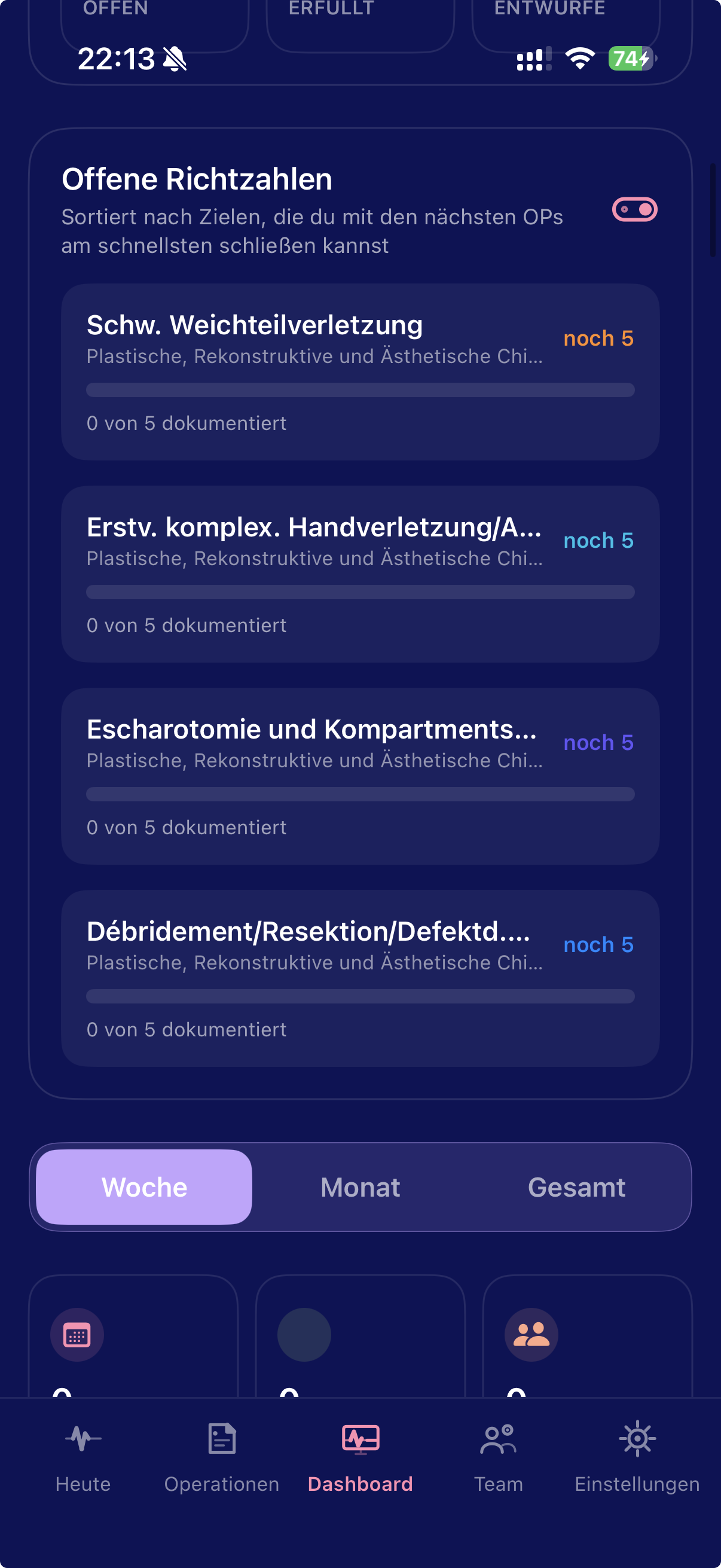 opdoq App – Dashboard mit offenen Richtzahlen
