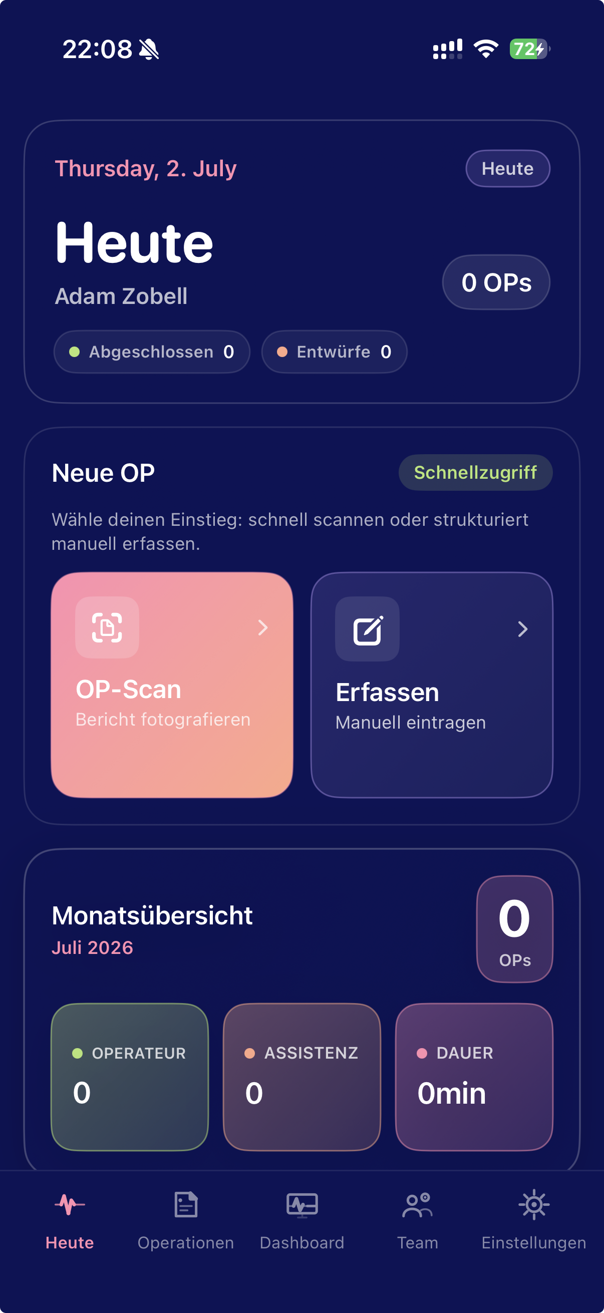 opdoq App – Tagesübersicht mit OPs und Team