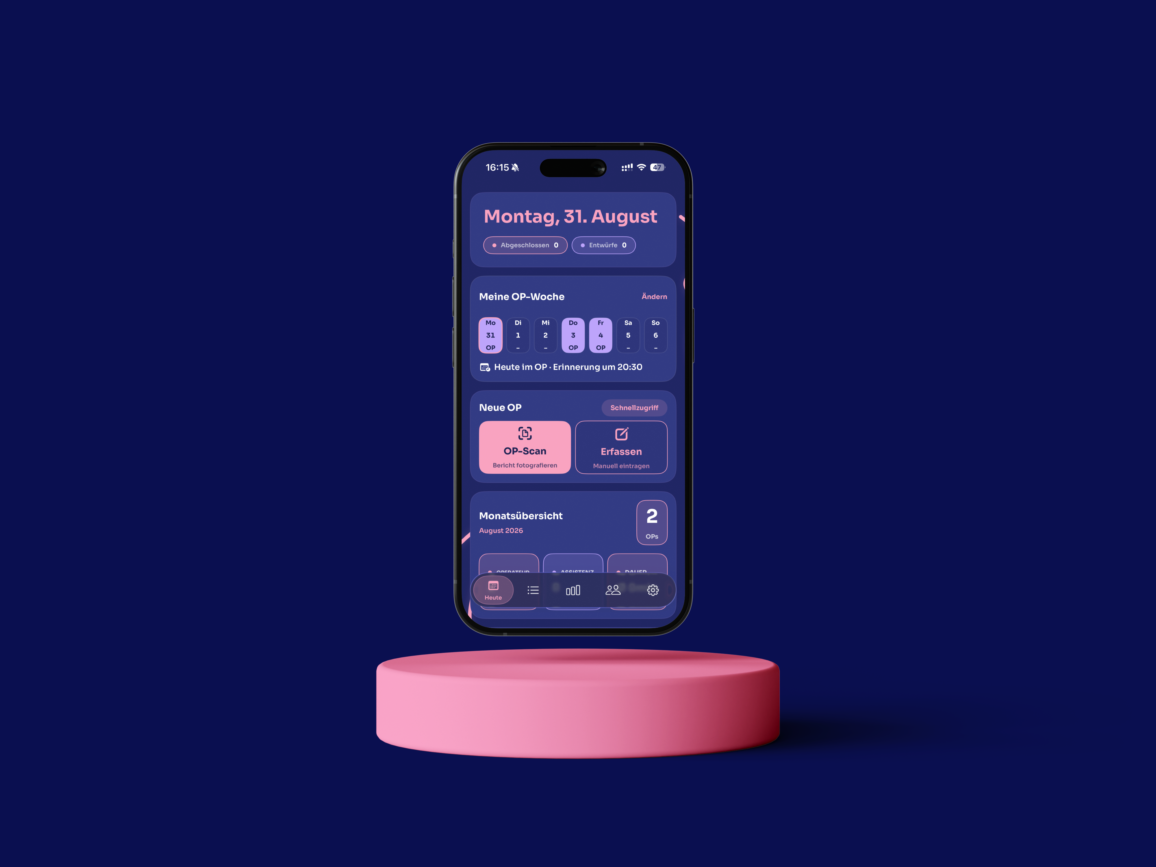 OpDoQ App auf einem iPhone über einem pinken Podest
